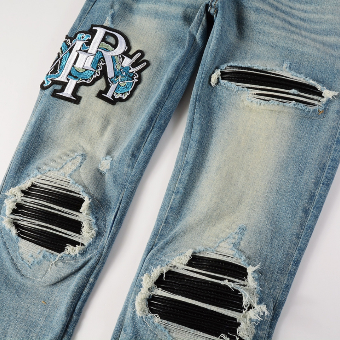 Amr Dragon Blue Patch Jeans
