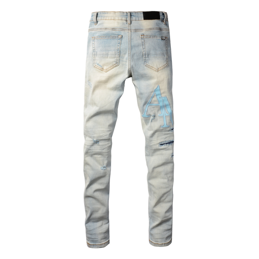 Amr Staggered Logo Blue Patch Jeans
