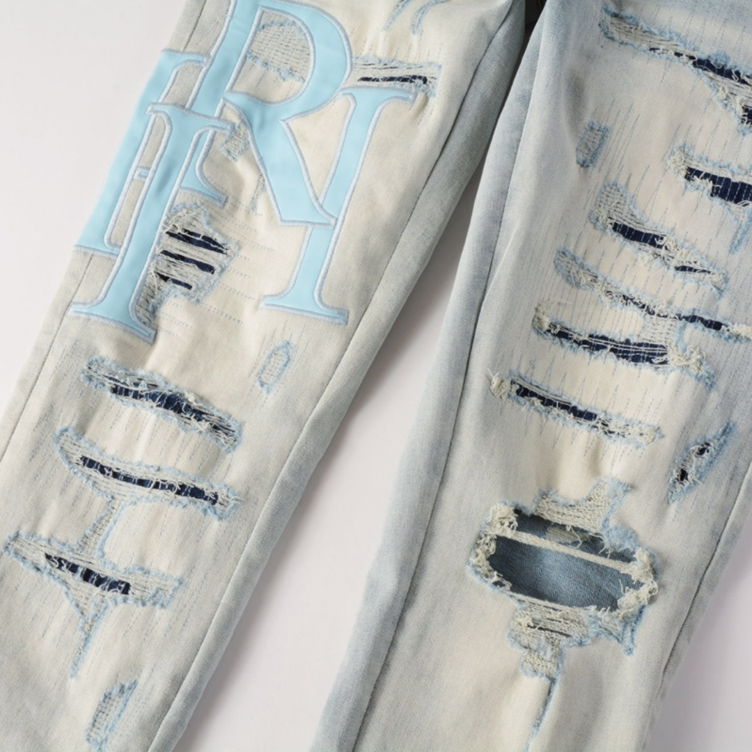 Amr Staggered Logo Blue Patch Jeans