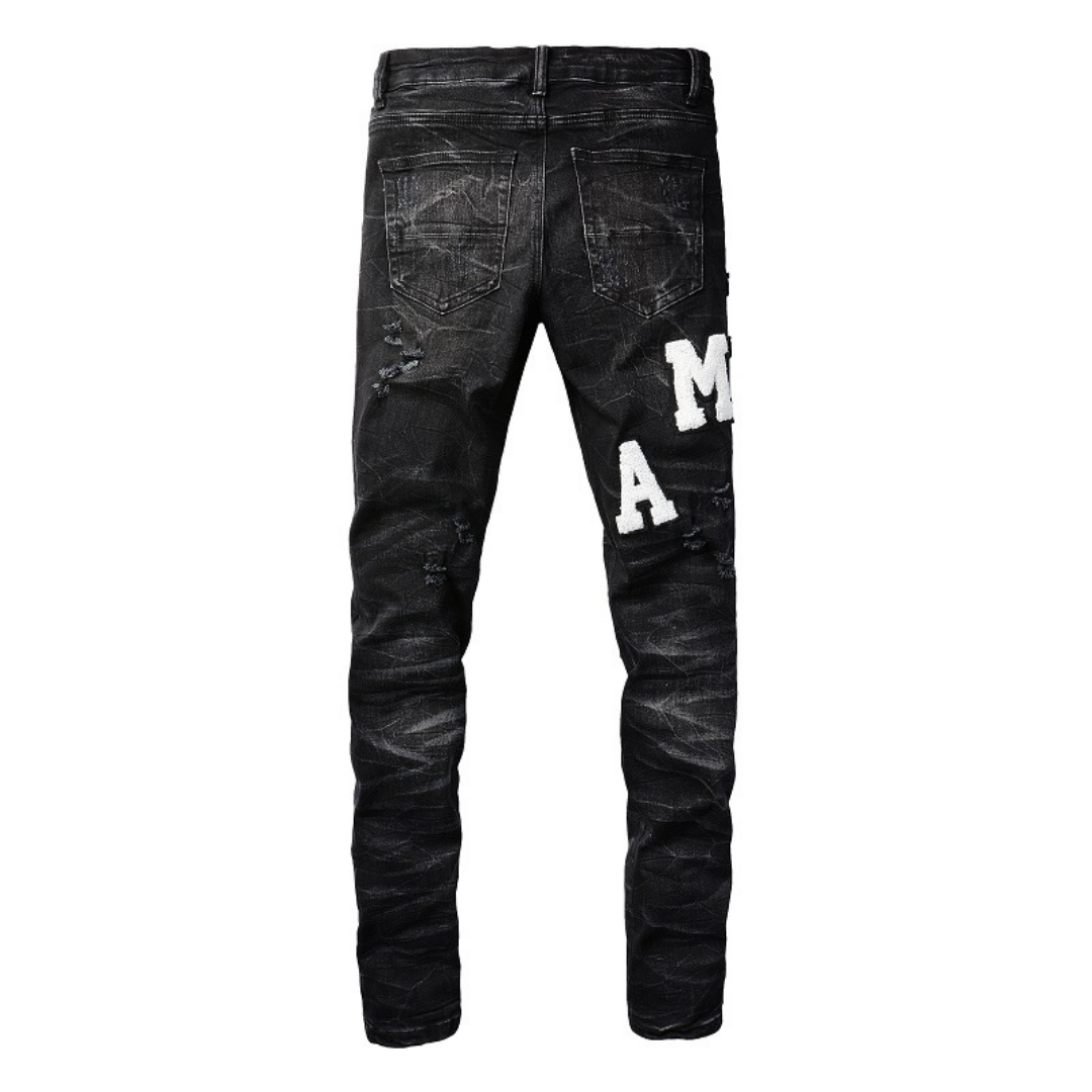 Amr White Logo Distressed Jeans