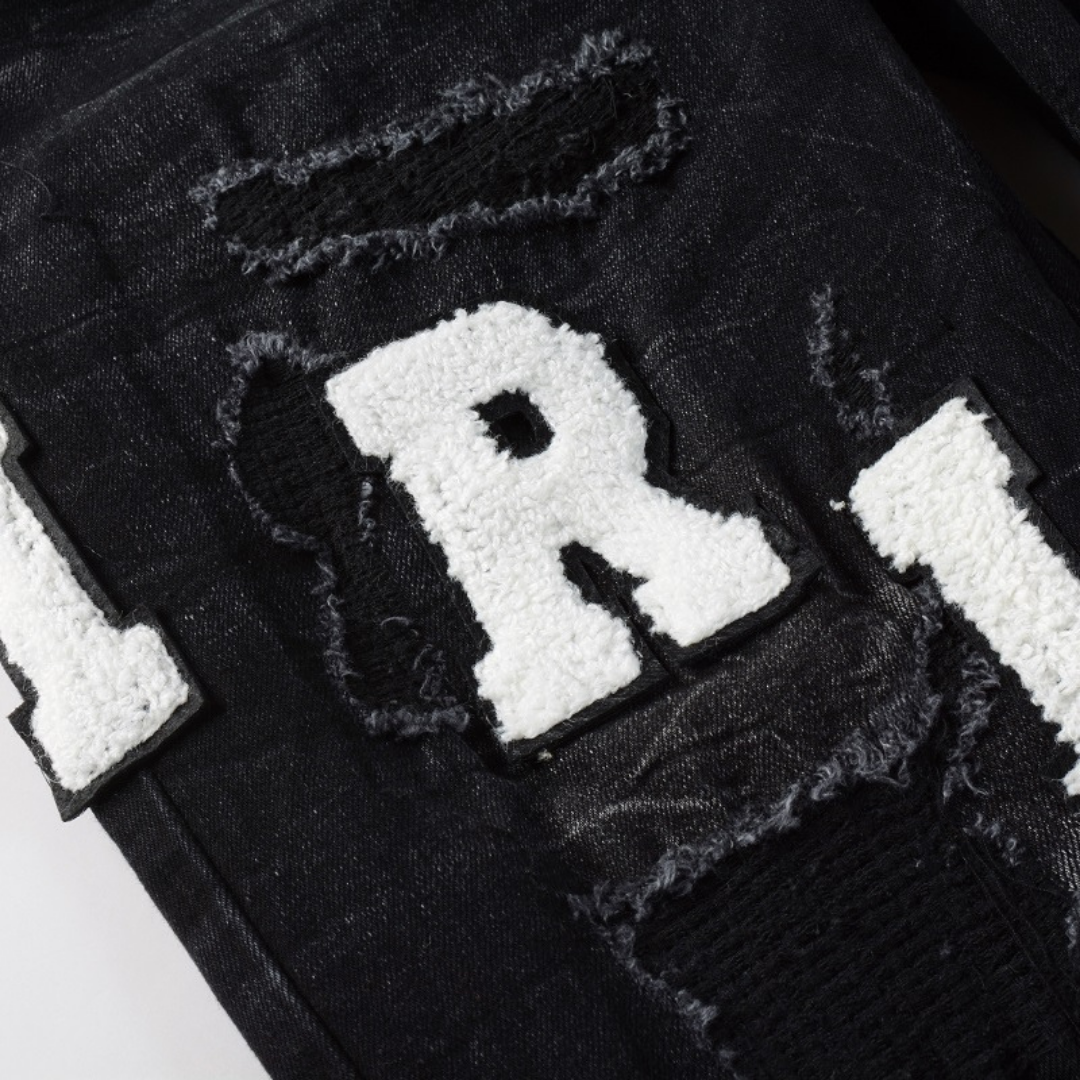 Amr White Logo Distressed Jeans