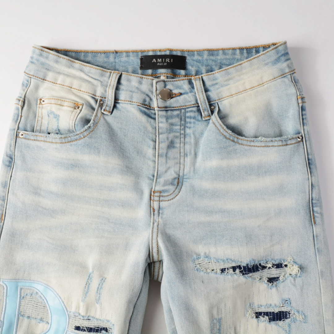 Amr Staggered Logo Blue Patch Jeans