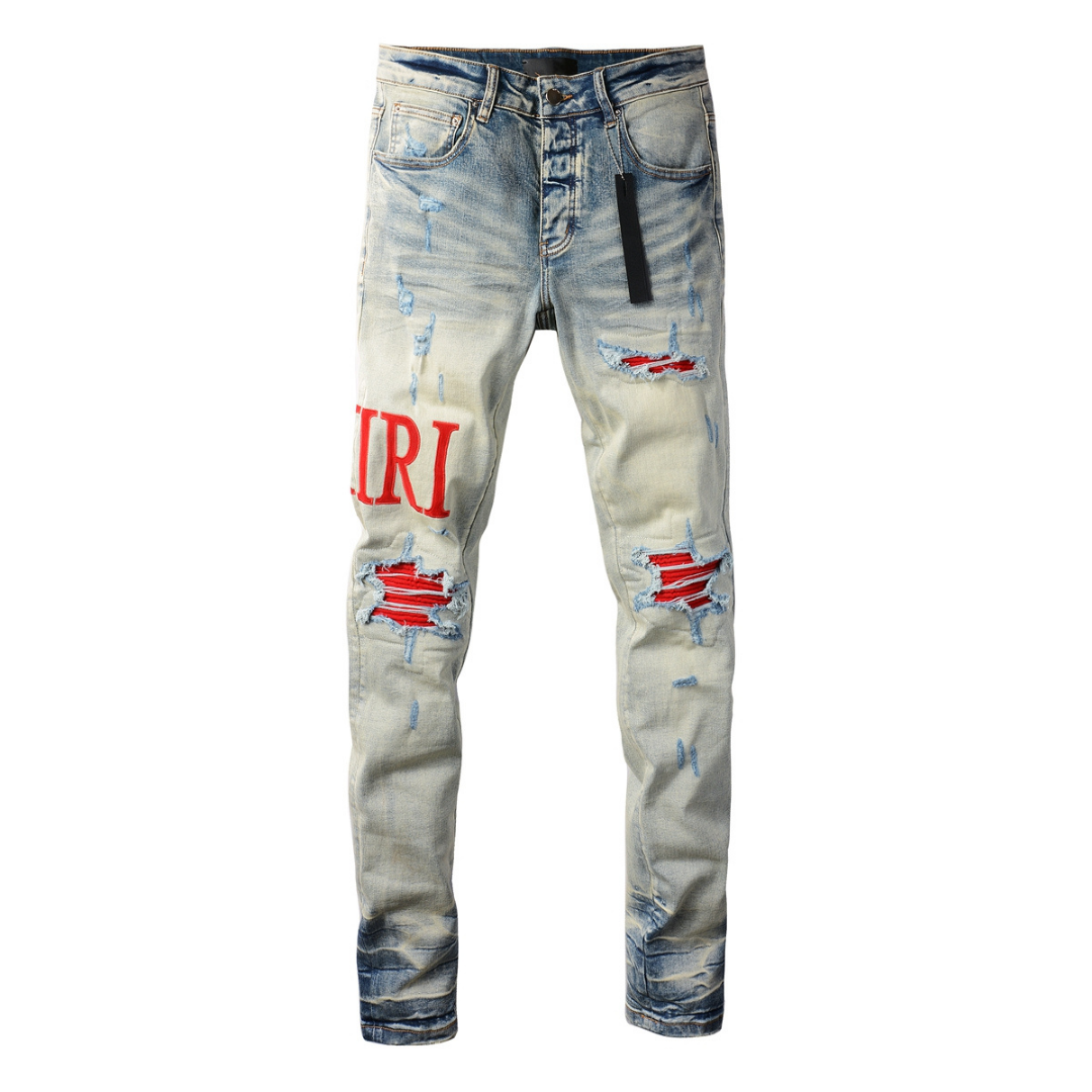 Amr Distressed Red Patch Jeans