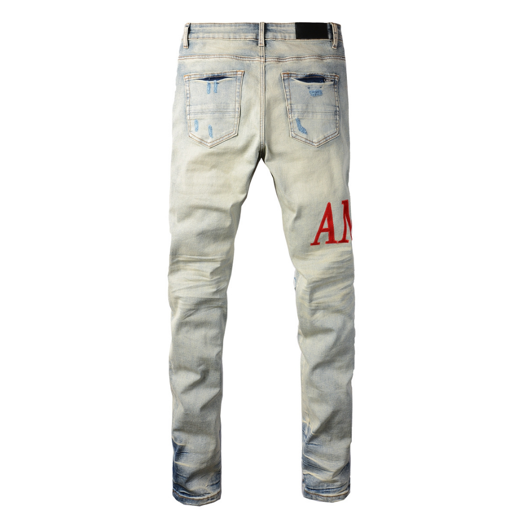 Amr Distressed Red Patch Jeans