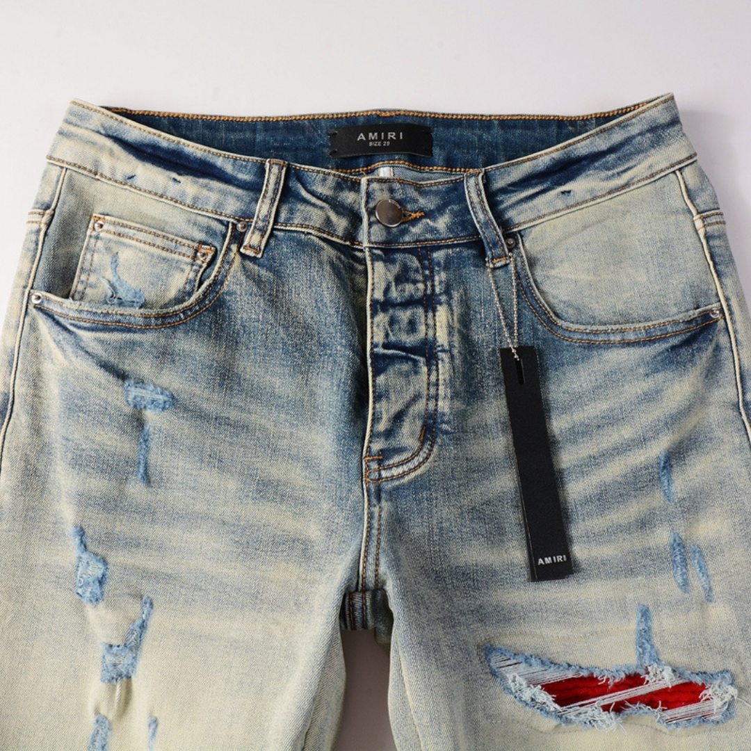 Amr Distressed Red Patch Jeans