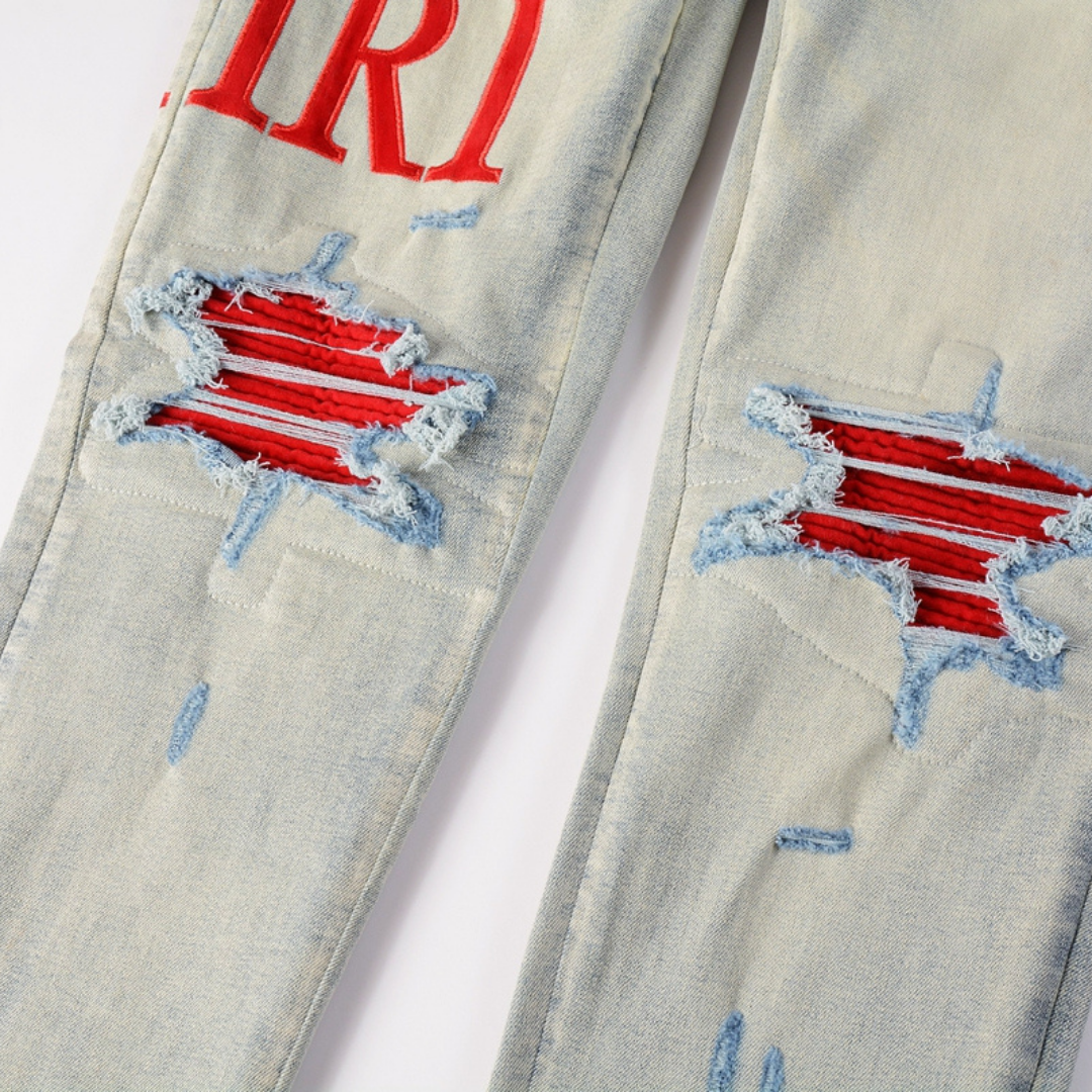 Amr Distressed Red Patch Jeans