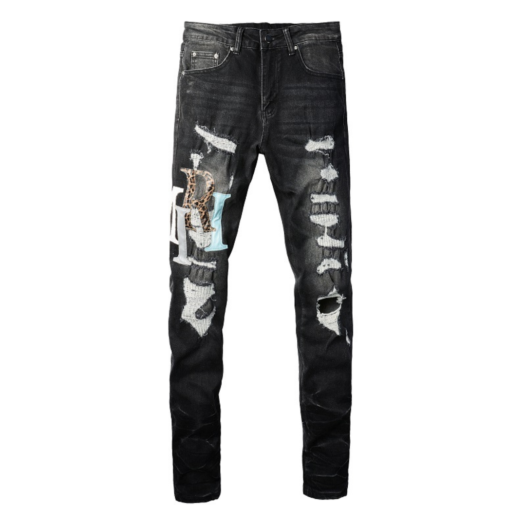 Amr Logo Distressed Black Jeans